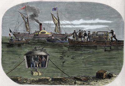"Nautilus"-dykkerklokken til Dr. Antoine Prosper Payerne eksperimenterte i Seinen, Paris, og ble deretter perfeksjonert i USA. Gravering (1858) i Le "" Monde illustrious"". av Unknown artist