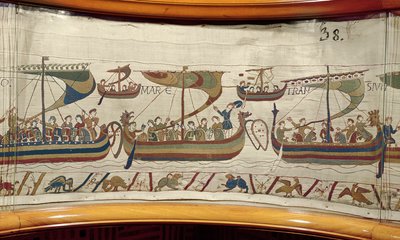 Den normanniske invasjonsflåten krysser kanalen, Bayeux Tapestry (ullbroderi på lin) av Unknown artist