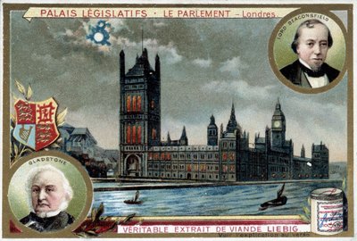 The Palace of Westminster, eller Parliament of London (England), med portretter av William Ewart Gladstone (1809-1898) og Benjamin Disraeli, Lord Beaconsfield (1804-1881) - Liebig-kromolitografi av Unknown artist