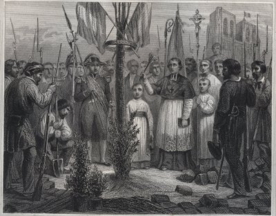 Plantasjen til et frihetstre under revolusjonen (Liberty pole) - Plantation of a Liberty Tree (poppel) i Frankrike under den franske revolusjonen - Gravering i «Les Fastes Populaires, ou Histoire des acts heroiques du peuple et de son influence av Unknown artist