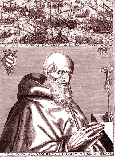 Pave Pius V inngår allianse med den spanske flåten og Venezias italienske flåte mot tyrkerne i slaget ved Lepante i oktober 1571 av Unknown artist