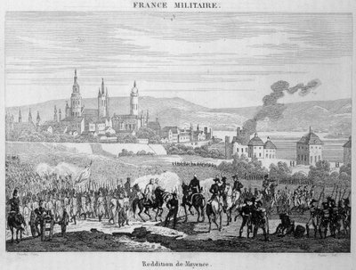 De prøyssiske troppene overtok fra franskmennene byen Mainz (eller Mainz) i Tyskland, juli 1793. Gravering av 1800-tallet. av Unknown artist