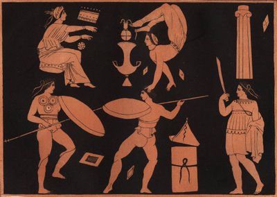 Pyrrhichios-dansen (Pyrrhic-dans) - gravering fra "" skikker og tradisjoner til alle folkeslag i universet. Det vil si historien om regjeringen, lovene, militsen, om religionen til alle nasjoner fra de tidligste tider til i dag "1856 av Unknown artist