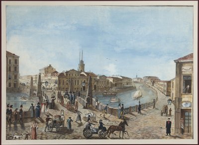 Den røde broen over Moika-elven i St. Petersburg - Anonym. Akvarell og hvit farge på papir av Unknown artist