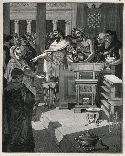 Den romerske keiseren Caligula (12-41) i en brocanter i Romersk Gallia. Gravering fra 1885 i "" Les arts et metiers illustres"" av Adolphe BITARD. av Unknown artist