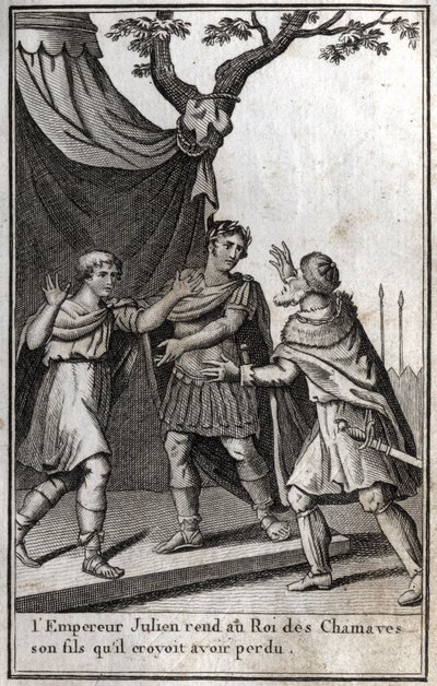 Den romerske keiseren Julian (Flavius Claudius Julianus, Julian the Apostate, Julian the Philosopher, Julian II) (332-363) gir tilbake til kongen av det germanske folket i Chamaves sønnen som han trodde han hadde mistet. 4. århundre. Gravering i «Beaute de av Unknown artist