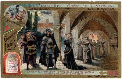 Save Act II-scenen 7. Illustrasjon til operaen "" Funnet"" (Il trovatore) av Giuseppe Verdi (1813-1901). Kromolitografi (Chromo) Liebig fra slutten av 1800-tallet. av Unknown artist