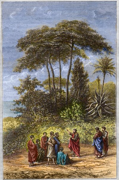 The School of Pythagoras - Pythagoras blant hans elever i Crotona - gravering 1879 - Filosofen Pythagoras og hans disipler under skyggeleggingen av Crotone, gravering av 1879 av Unknown artist