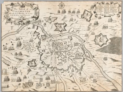 The Siege of Colchester av Lord Fairfax, slik det var med linjen og utbyggene 1648 (gravering) av Unknown artist