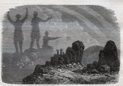 The Spectre of the Brocken in the Harz Mountains - Brocken spectrum eller Brocken spectrum - gravering fra 1877 av Unknown artist