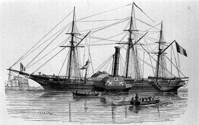 Sfinxen, den første dampbåten til den franske marinen bygget i 1830. Gravering fra 1800-tallet. av Unknown artist