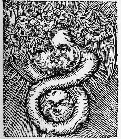 Solen og månen: forent av dragen - Gravering fra arbeidet til Basil Valentine "The Azoth of the Philosophers"". Paris av Unknown artist