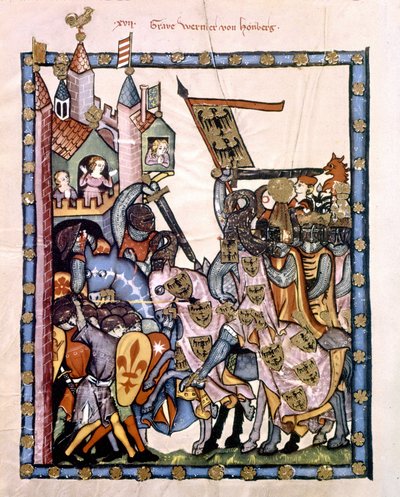Den sveitsiske poeten og ridderen Graf Werner von Homberg (1284-1320) i tjeneste for keiser Henry VII beleiret en høyborg forsvart av Angevine-troppene på Sicilia. Miniatyr av Codex "Manesse", eller "Manessesche Liederhandschrift", som er et manuskript av Unknown artist