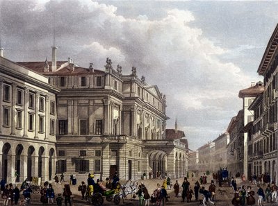 Teatro alla Scala i Milano på begynnelsen av 1800-tallet. Gravering av perioden. Museo della Scala de Milan av Unknown artist