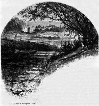 Themsen ved Hampton Court: Hampton Court Palace, tidligere residens til kong Henry VIII av England. Gravering av 1800-tallet. av Unknown artist