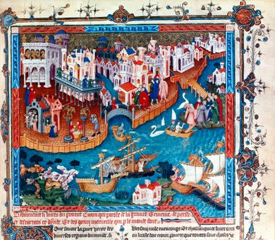 Den venetianske oppdageren Marco Polo forlot byen Venezia sammen med sin far og onkel i 1271: han satte kursen mot Østen og tok Silkeveien, miniatyr av Unknown artist
