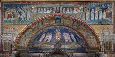 Visjonen om det himmelske Jerusalem: De utvalgte blir ønsket velkommen av englene. Nedenfor, Guds lam. Detalj. Mosaikk rundt 830. Triumfbuen til basilikaen Santa Prassede, Roma av Unknown artist