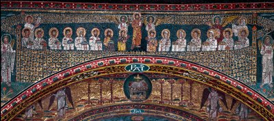 Visjonen om det himmelske Jerusalem: De utvalgte blir ønsket velkommen av englene. Nedenfor, Guds lam. Detalj. Mosaikk rundt 830. Triumfbuen til basilikaen Santa Prassede, Roma av Unknown artist