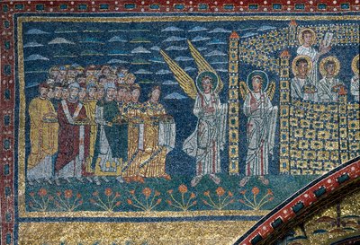 The Vision of Celestial Jerusalem: De utvalgte beveger seg mot byen bevoktet av engler. Detalj. Mosaikk rundt 830. Triumfbuen til basilikaen Santa Prassede, Roma av Unknown artist