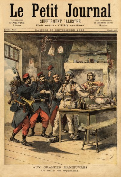 Innkvarteringsbilletten, levert av hæren til sine soldater i felten for å be om overnatting fra sivile. Gravering i "" Le petit journal"" 23.09.1893. Selvas samling. av Unknown artist