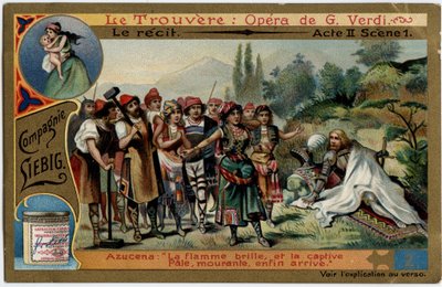 Akt II scene 1. Illustrasjon til operaen "" Funnet"" (Il trovatore) av Giuseppe Verdi (1813-1901). Kromolitografi (Chromo) Liebig fra slutten av 1800-tallet. av Unknown artist
