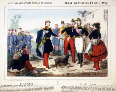 Eventyrene til en fransk offiser i Afrika. Den unge offiseren, lederen av en post som ble angrepet av araberne, ble avvæpnet og bragt til arrestasjon for et krigsråd. av Unknown artist