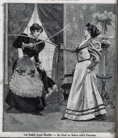 The aftermath of a rivalry: a sword duel between women. Engraving in “” Le Parisien”” av Unknown artist