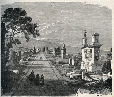 Den gamle Appia-ruten, via appia som krysser pontinsmyrene (Agro pontino) nær Roma. Gravering fra 1800-tallet. av Unknown artist