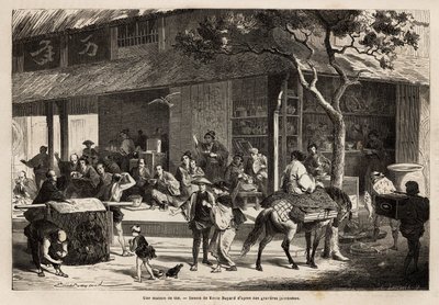 Animasjonen av et hus og gatens aktiviteter. Gravering for å illustrere reisen til Japan, i 1863-1864, av Aime Humbert, minister for det sveitsiske konføderasjonen, i "" Le tour du monde, nouveau journal des voyages"" utgitt under regi av Unknown artist
