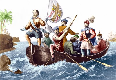 The arrival of Christopher Columbus in San Salvador on 12/10/1492. Engraving v. 1876. av Unknown artist