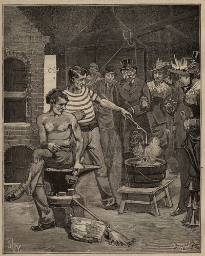 Glasskunsten: opplevelse av bataviske tårer. Dråper av smeltet glass slippes ned i et kaldt vannbad, som fryser i form av tårer. Gravering fra 1885 i "" Les arts et metiers illustres"" av Adolphe BITARD. av Unknown artist