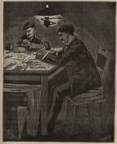 The art of lapidary: gravering av camee shell (camee-shell). Gravering fra 1885 i "" Les arts et metiers illustres"" av Adolphe BITARD. av Unknown artist