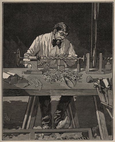 Kunsten å dreiebenk: fasonering av en torso-søyle. Gravering fra 1885 i "" Les arts et metiers illustres"" av Adolphe BITARD. av Unknown artist