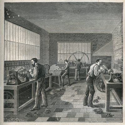 Kunsten å dreiebenk: metallarbeid i et verksted til en dreier-avviser. Gravering fra 1885 i "" Les arts et metiers illustres"" av Adolphe BITARD. av Unknown artist