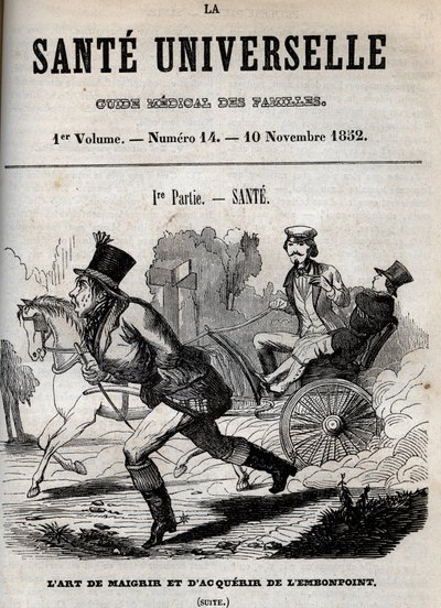 Kunsten å gå ned i vekt og bli overvektig: en mann går mens en annen blir fraktet i en vogn - gravering i «La Sante Universelle - Guide Medical des Familles»» 1852 av Unknown artist