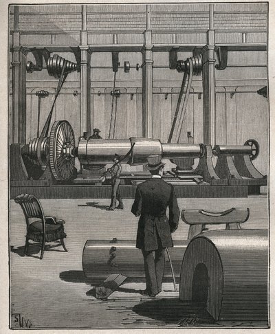 Kunsten å reise: skyte en stålmonsterkanon. Gravering fra 1885 i "" Les arts et metiers illustres"" av Adolphe BITARD. av Unknown artist