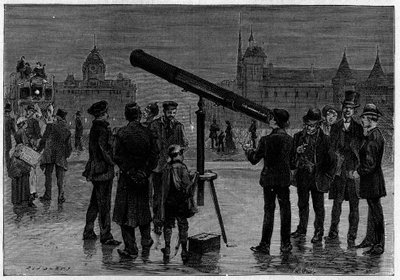 Astronomen og hans astronomiske ramme på Place du Chatelet, i Paris, på tidspunktet for observasjonene av planeten Venus, i februar 1889. Gravering i "" La Nature. Revue des sciences et de ses applications aux arts et a l