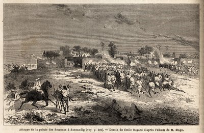 Angrepet på Sansandig av hæren til kong Ahmadou (Toucouleur), der flyktet Bambara søkte tilflukt. Gravering for å illustrere reisen til Vest-Sudan til løytnant (Marine) M.Mage, i 1863-1866, publisert i "Le tour du monde, nouveau journal des voyages", u av Unknown artist