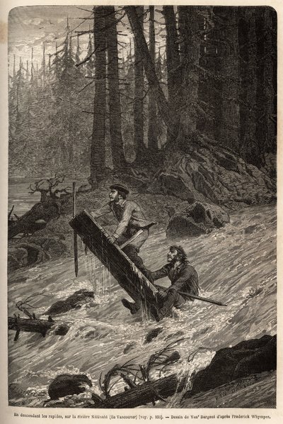 Forfatteren og hans reisende, Mcdonald, går ned strykene på Nittinaht-elven (Vancouver Island) på en provisorisk flåte. Gravering for å illustrere reisen og eventyrene i engelsk Colombia, Vancouver Island og Alaska, av Frederick Whymper av Unknown artist