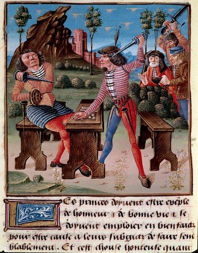 De dårlige effektene av spillet, tyveriet og kampen. To spillere truet med våpnene sine Miniatyr fra "The Book of Good Moors" av Jacques den store (1360-1415/1418), dedikert til Jean Duke of Berry av Unknown artist