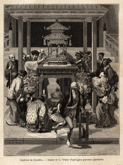 Dåpen til Buddha, en årlig fest som finner sted den 8. dagen i den 4. måneden, vanner tilhengerne bronsestatuen av Buddha som er eksponert for anledningen foran templene. Gravering for å illustrere reisen til Japan, av Aime Humbert, min av Unknown artist