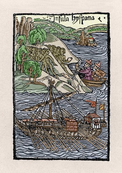 Barken på Hispaniola av Christopher Columbus (1451-1506). Gravering fra “” De insulis in mare Indico super inventis””, Bale 1493-1494 (latinsk oversettelse av Columbus rapport til kongen av Spania). av Unknown artist
