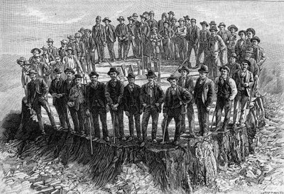 Basen til "Sequoia Gigantea" er beregnet på American Museum of Natural History i New York (New York), med de 52 arbeiderne som jobbet for rivingen hans (etter et fotografi). Gravering i «La Nature: revue des sciences et de leurs applications a av Unknown artist