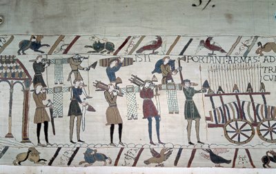 Kampen mellom de engelske infanteristene (Harolds tropper) og normannerne til hest (Guillaumes tropper) - Bayeux-teppet, kjent som Broderi av dronning Mathilde av Unknown artist