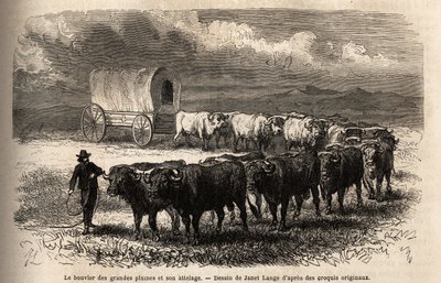 De store slettene styrer og dens feste. Gravering for illustrasjon av turen til det amerikanske fjerne vesten, av M. L. Simonin, i 1867, publisert i "Le tour du monde, nouveau journal des voyages", redigert av Edouard Charton av Unknown artist