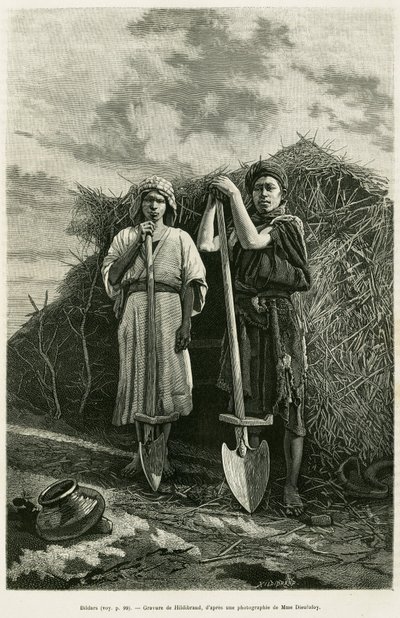 Bildarene, eiere av en beche, er siktet for å ha gravd avløpet til hveteåkrene i Karoun-regionen. Gravering for å illustrere historien La Perse, la Chaldee et la Susiane av Jane Delafoy (1851-1916), akademioffiser, i le tour du monde 1886, dir. av Unknown artist