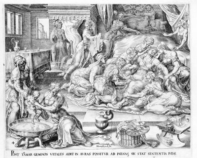 Thamars fødsel. Gravering fra 1600-tallet av Antonio Blocklaus. av Unknown artist