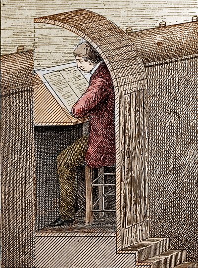 Blåseren i hullet hans. En teaterblåser hjelper komikere å huske teksten sin når de står på scenen. Her er han avbildet i sitt "hull" en åpning som praktiseres på forsiden av scenen vekk fra publikums øyne. Gravering av 1800-tallet. av Unknown artist