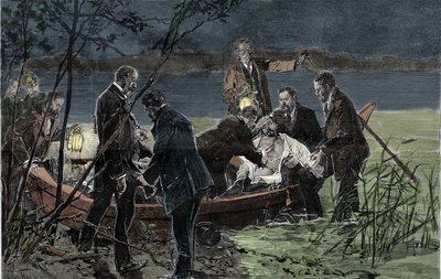 Liket av Ludvig (Ludwig) II av Baviere Wittelsbach (1845-1886) funnet druknet sammen med Dr. Gudden i innsjøen Starnberg nær Berg slott i juni 1886 Gravering av Unknown artist