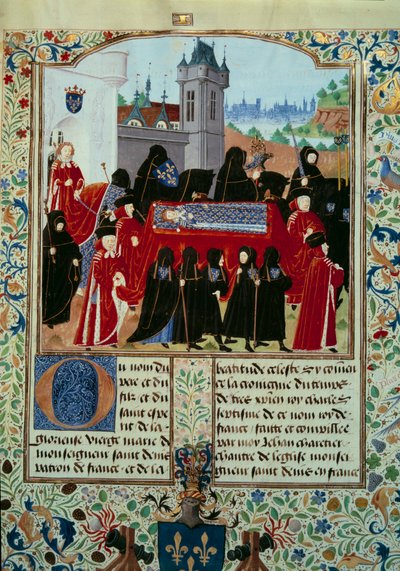 Liket av avdøde kong Charles VI (1368-1422) blir båret bort, bak prosesjonen den nye kong Charles VII (1403-1461) miniatyren 22/10/1422 fra manuskriptet "" Chronicles of Charles VII"" (Ms. . fr. 2691) av Jean Chartier av Unknown artist